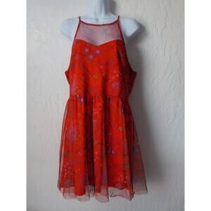VTG Y2K Candies Red Floral Halter Dress Teens Sz XL Mesh Fit Flare Straps Party
